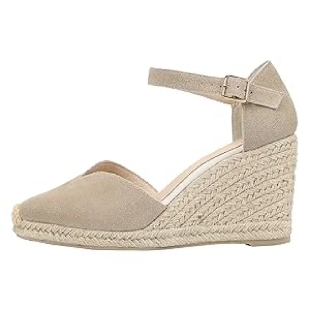 Tonivis Women's Leather Beige Ankle Strap Wedge Espadrilles Size 7.5